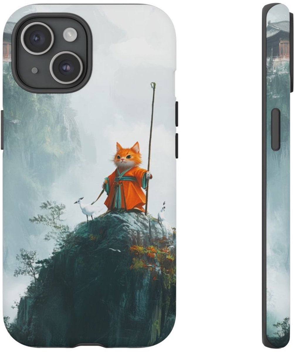 Kat in Oude Geleerdenmantel op Bergtop – Telefoonhoesje Geschikt voor iPhone 15