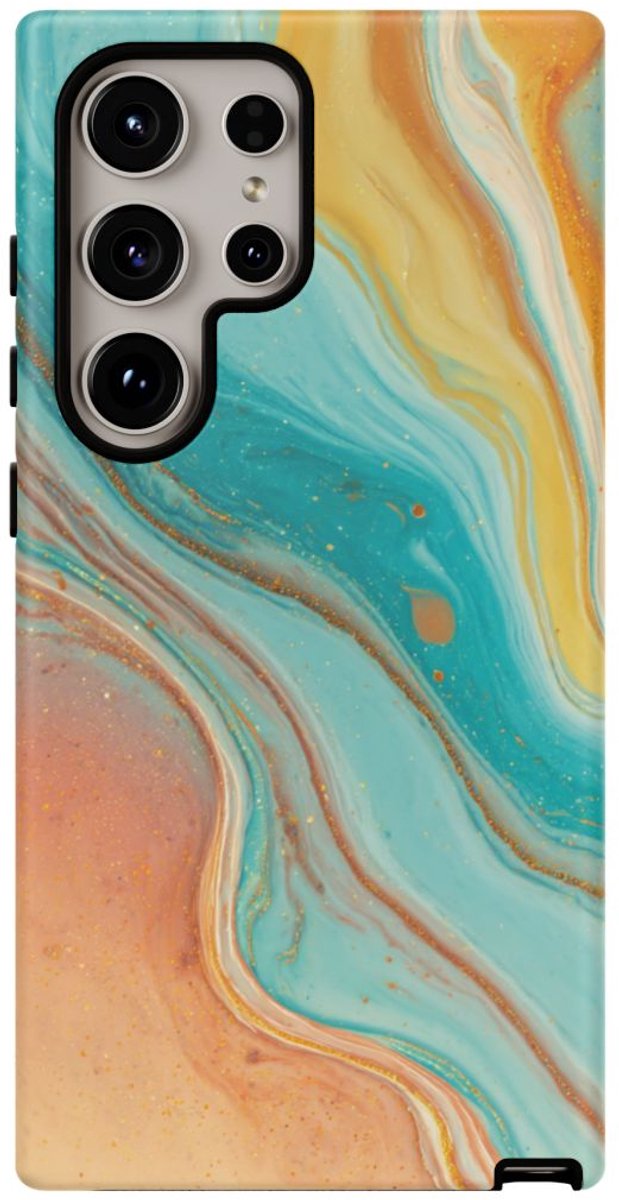 Oranje-Turquoise Marmerstructuur – Mat Stevig Hoesje Geschikt voor Galaxy S24 Ultra
