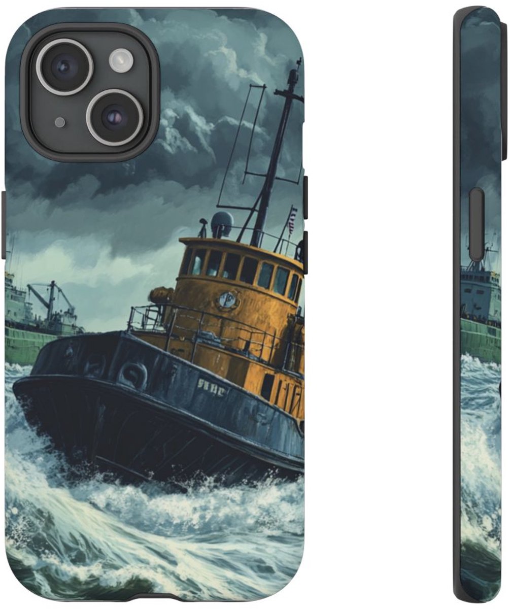 Sleepboot Trekt Vrachtschip op Woeste Zee – Telefoonhoesje Geschikt voor iPhone 15