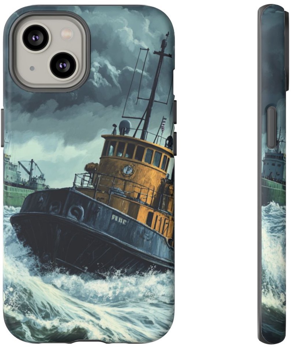 Sleepboot Sleept Vrachtschip in Woeste Zee – Telefoonhoesje Geschikt voor iPhone 14