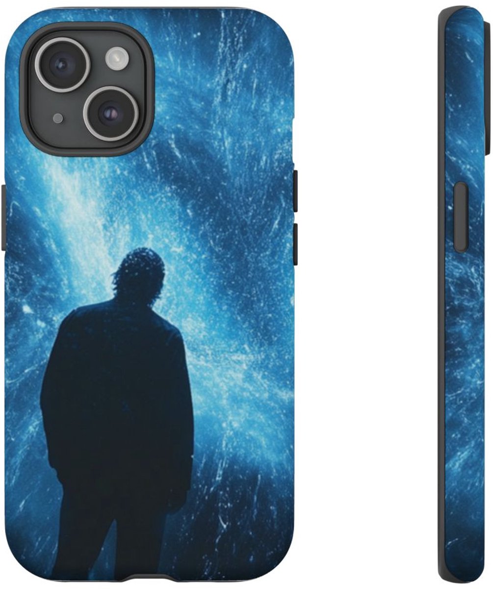 Silhouet met Blauwe Lichtflits – Telefoonhoesje Geschikt voor iPhone 15