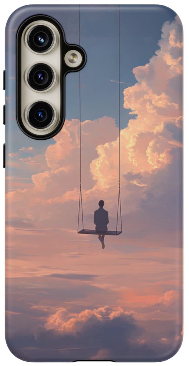 Persoon op Schommel in Bewolkte Lucht – Telefoonhoesje Geschikt voor Samsung Galaxy S24
