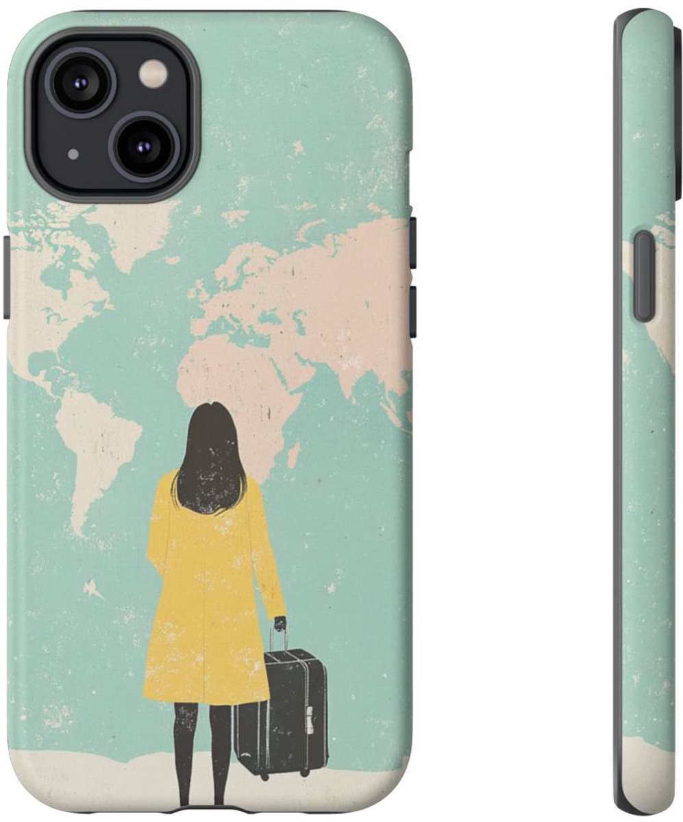 Vrouw met Koffer bij Wereldkaart – Telefoonhoesje Geschikt voor iPhone 14 Plus