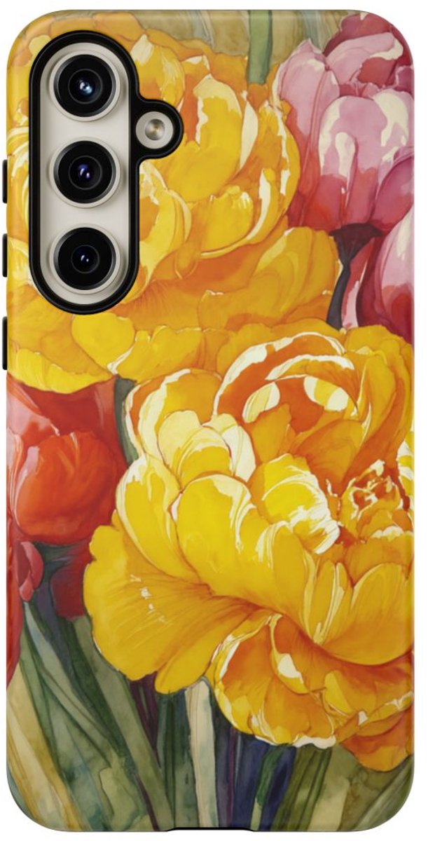 Gele en Roze Pioenen Waterverf – Telefoonhoesje Geschikt voor Galaxy S24 Plus