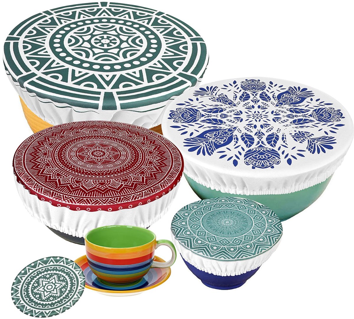 Voedselafdekhoezen - Herbruikbaar - Van waterdichte stof - Met elastiek - Voor schalen en potten - 5 stuks - Mandala-patroon