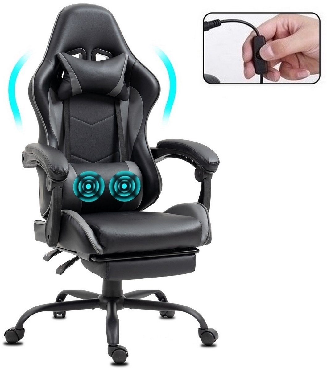 Delman Gaming- en bureaustoel met massagefunctie,2 trillingspunten, 360° draaibaar, met USB-poort, hoofdsteun en voetensteun, kantelbare rugleuning, draagvermogen 150kg
