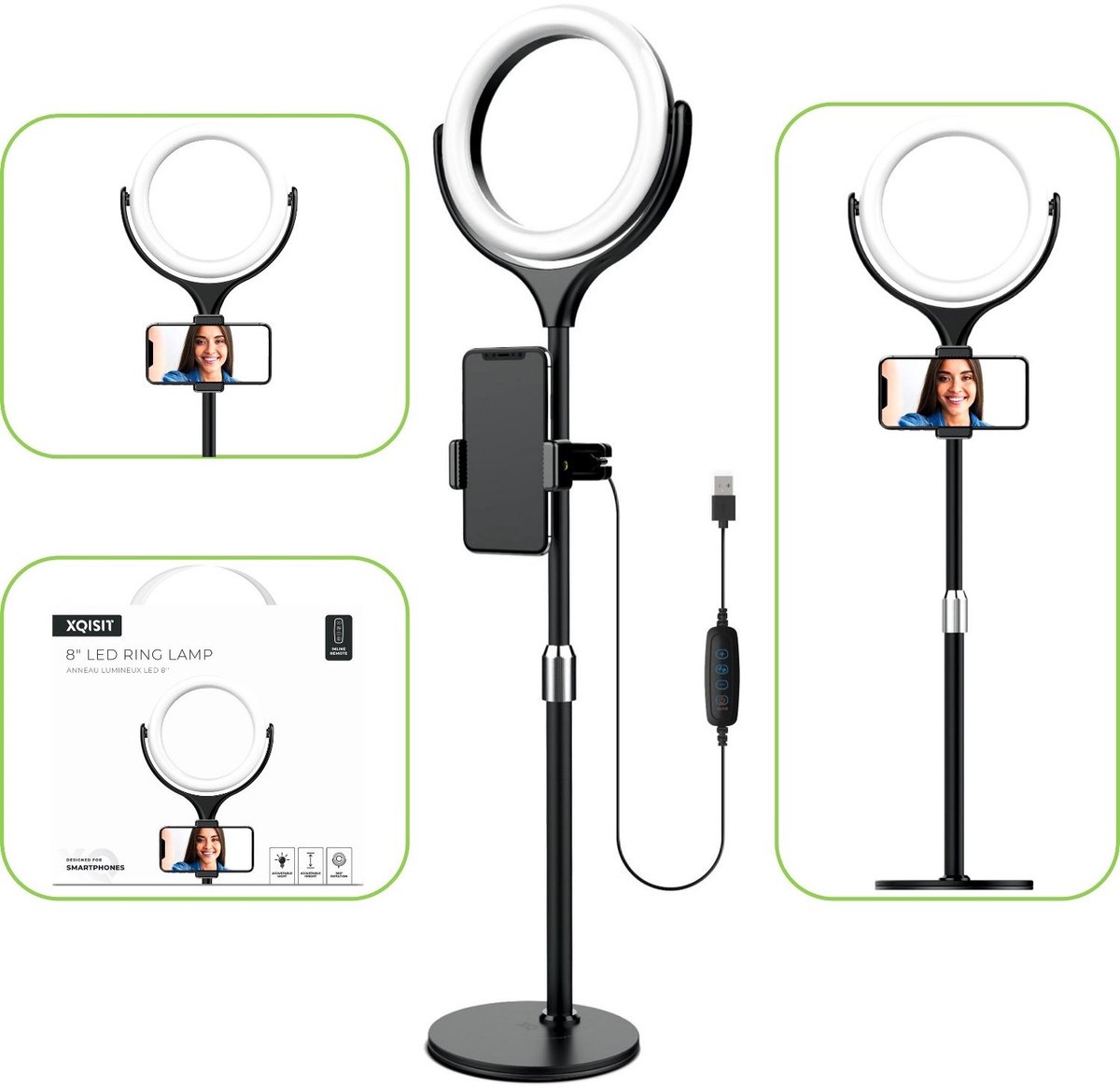 XQISIT Selfie Ring Light met 40cm hoge standaard 10 belichtingsstanden - Zwart