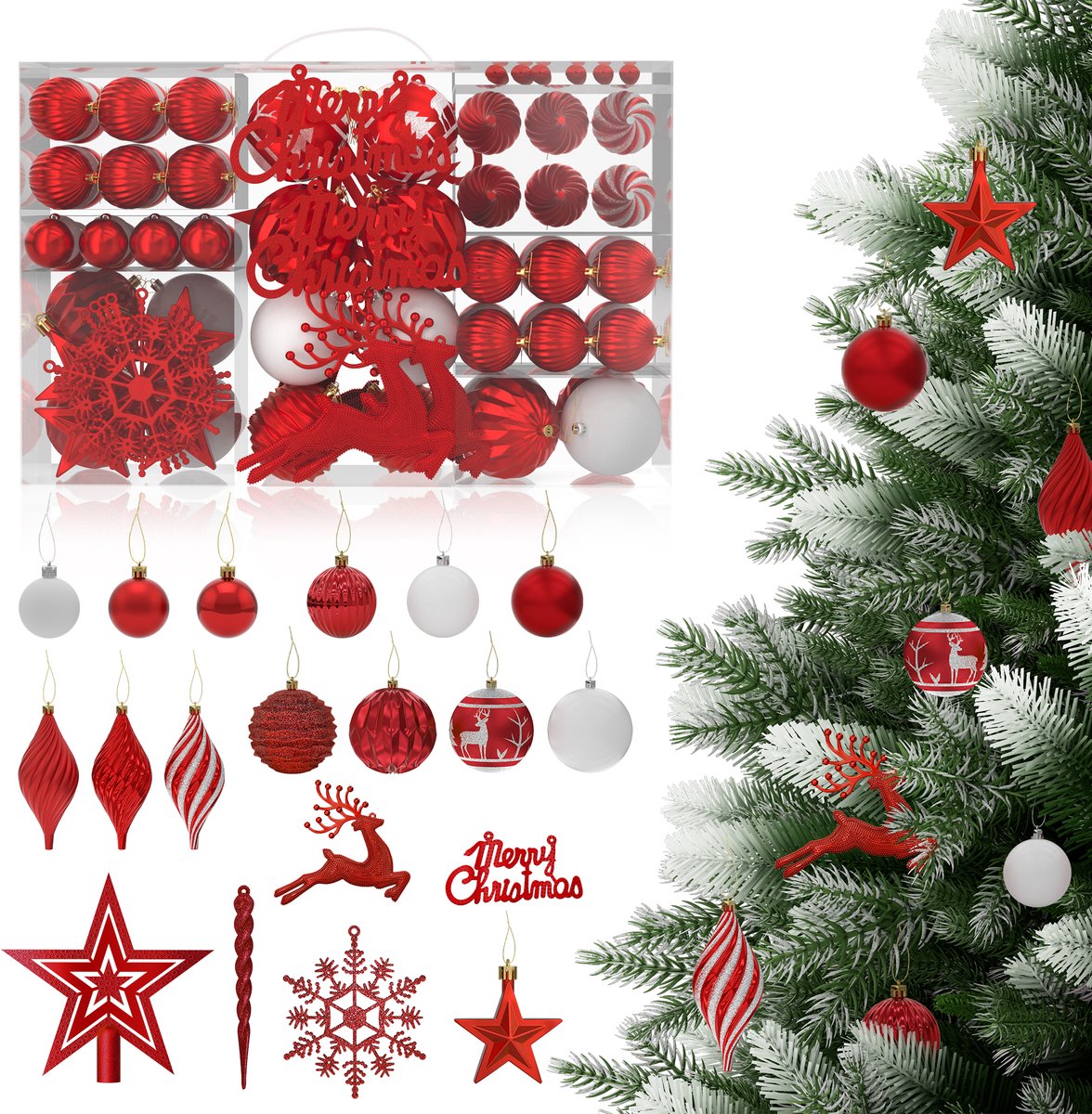 NAIZY Kerstballen Set 108-delige Kerstboomversiering Kerstdecoratie Kunststof Inclusief Kerstballen, Ster, DEER Sneeuwvlok Kerstdecoratie Kerstdecoratie, Rood