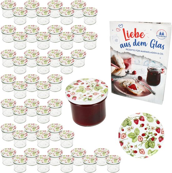 MamboCat Set van 50 glazen potten van 230 ml met gouden deksel To 66 met Diamond Gelierzauber receptenboekje (mogelijk niet beschikbaar in het Nederlands), jampotten, inmaakpotten, weckpotten