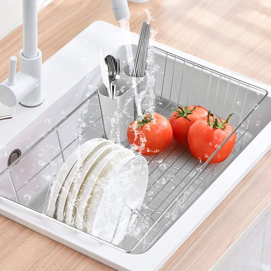 SONGMICS KCS030E01V1 Afdruiprek van roestvrij staal, draaibare uitloop, lekbak, bekerhouder, vingerafdrukbestendig, voor keuken, 31,7 x 57,2 cm, zilvergrijs