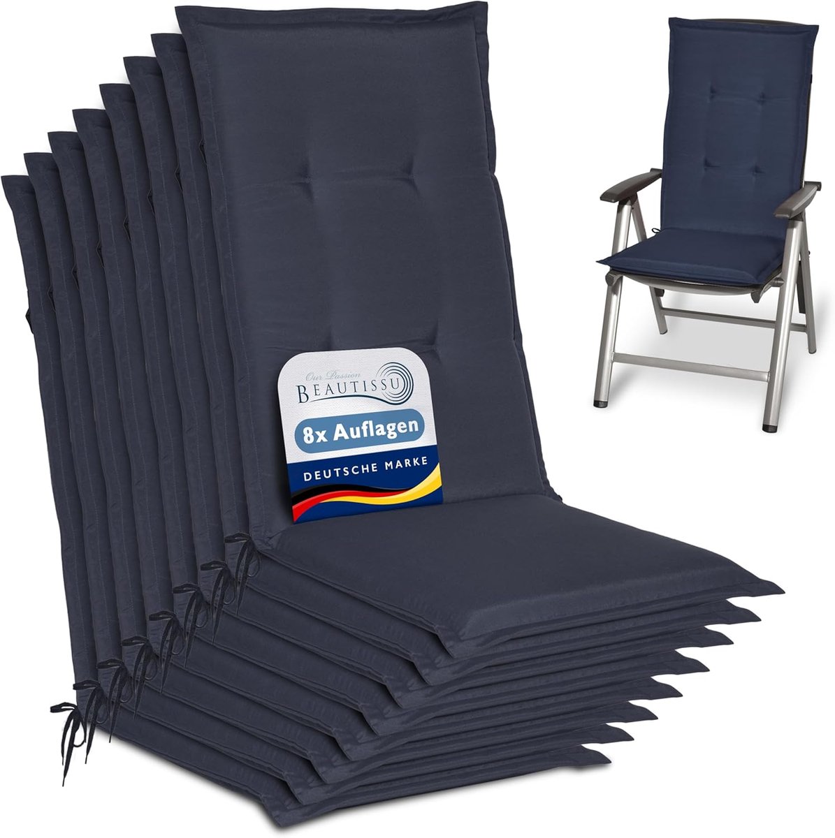 Beautissu Loft HL Set 8 x Tuinkussens Hoge Rug- 120 x 50 cm - Donkerblauw Kussen - Zitkussen UV- Lichtecht Tuinstoelkussen