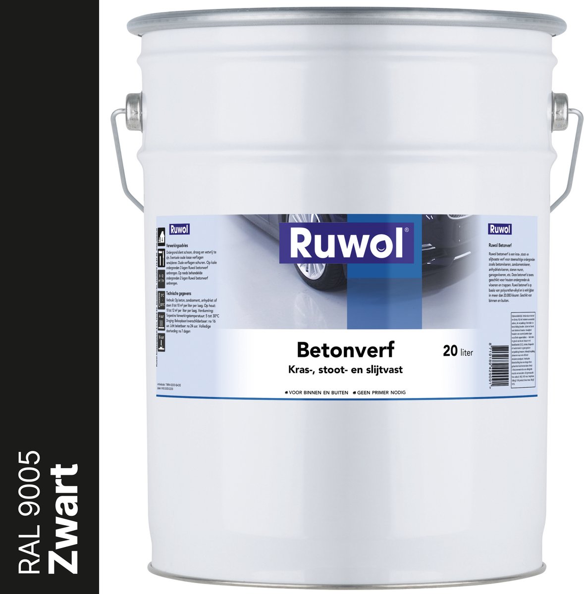 Ruwol Betonverf Zwart (RAL 9005) 20 liter - Voor binnen en buiten - Alle kleuren - Kras-, stoot- en slijtvaste verf voor beton en steen - Betonverf voor buiten