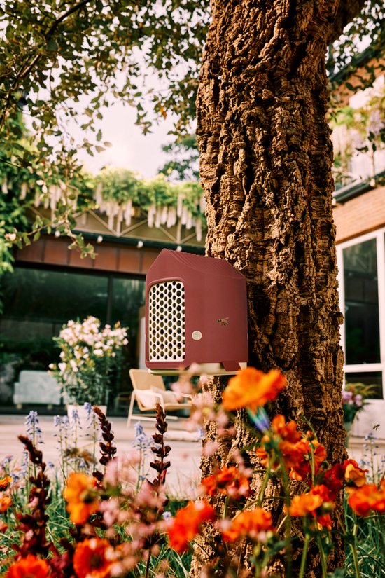 Insectenhotel in Toscaans rood, bevestigd aan een boom, met een illustratie van een bij ernaast. Bloeiende oranje bloemen op de voorgrond.