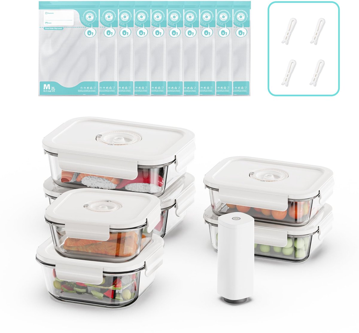 Annalocker Vacu One Touch Eco-Set, handmatige vacuümsealer inclusief vacuümstarterset, glazen voorraaddozen, set van 6, met deksel, luchtdichte magnetronbestendige schalen, BPA-vrij.