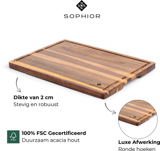 Planche à découper SOPHIOR en bois d'acacia - Groot taille - Planche à découper en bois pour la Cuisine - Planche à découper avec rainure pour le jus - Bois 100 % durable certifié FSC - Accessoires BBQ - Planches à découper - 42 cm x 30 cm x 2 cm