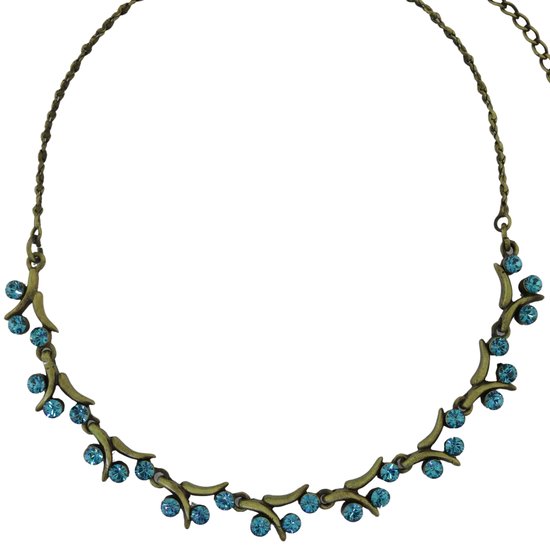 Vintage goudkleurige ketting met fijne takjes en petrol blauwe kristallen. Verstelbaar.