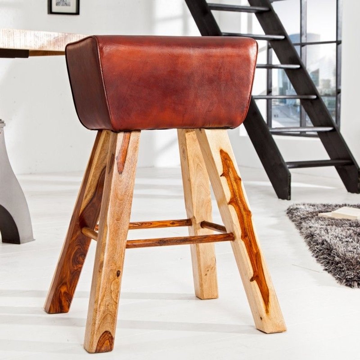 Retro barkruk TURNBOCK 75cm met echt leren bekleding mangohouten barstoel - 36815