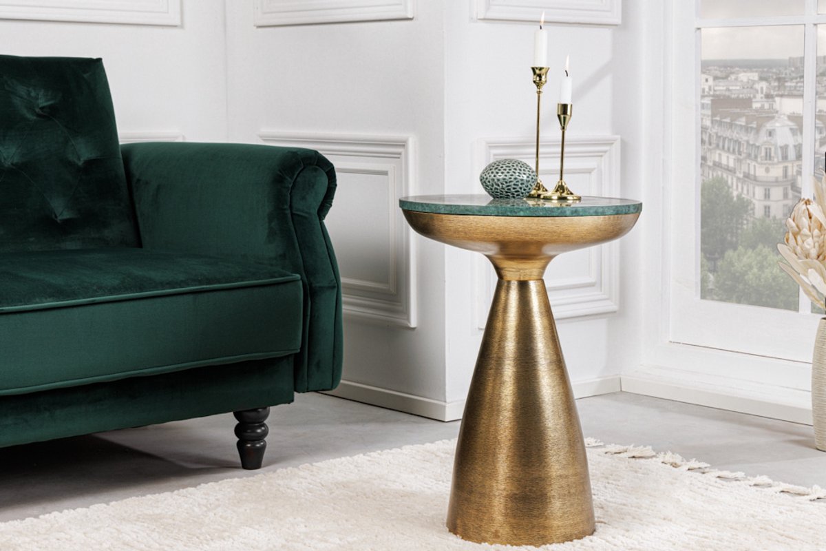Invicta Interior Handgemaakte bijzettafel ELEMENTS 60cm goudgroen marmer rond - 42717 Zie omschrijving