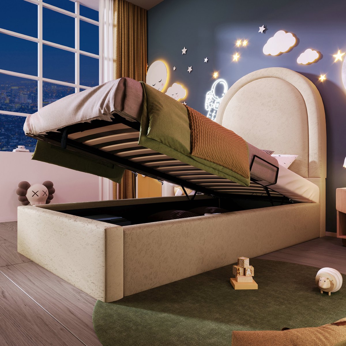 VVBV Kinderbed 90x200 cm met kosmisch patroon, gestoffeerd Eenpersoonsbed met lattenbodem en opbergruimte - PU - beige(Matras niet inbegrepen)