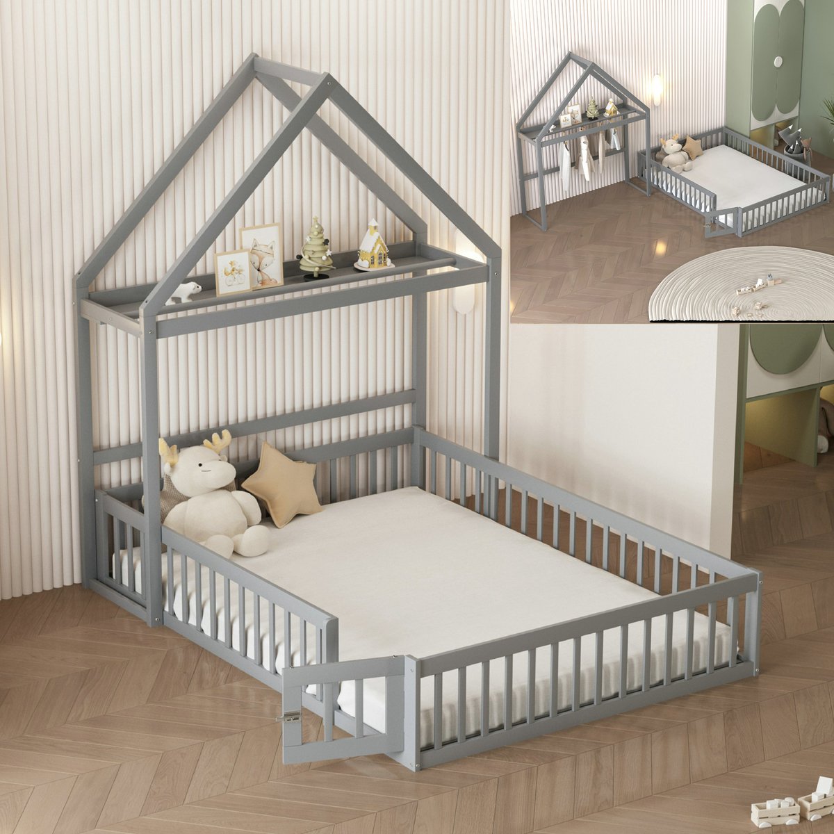 VVBV Kinderbed 140x200 cm met opbergruimte, volledige beveiliging, deuren en lattenbodem, massief hout, grijs(Matras niet inbegrepen)