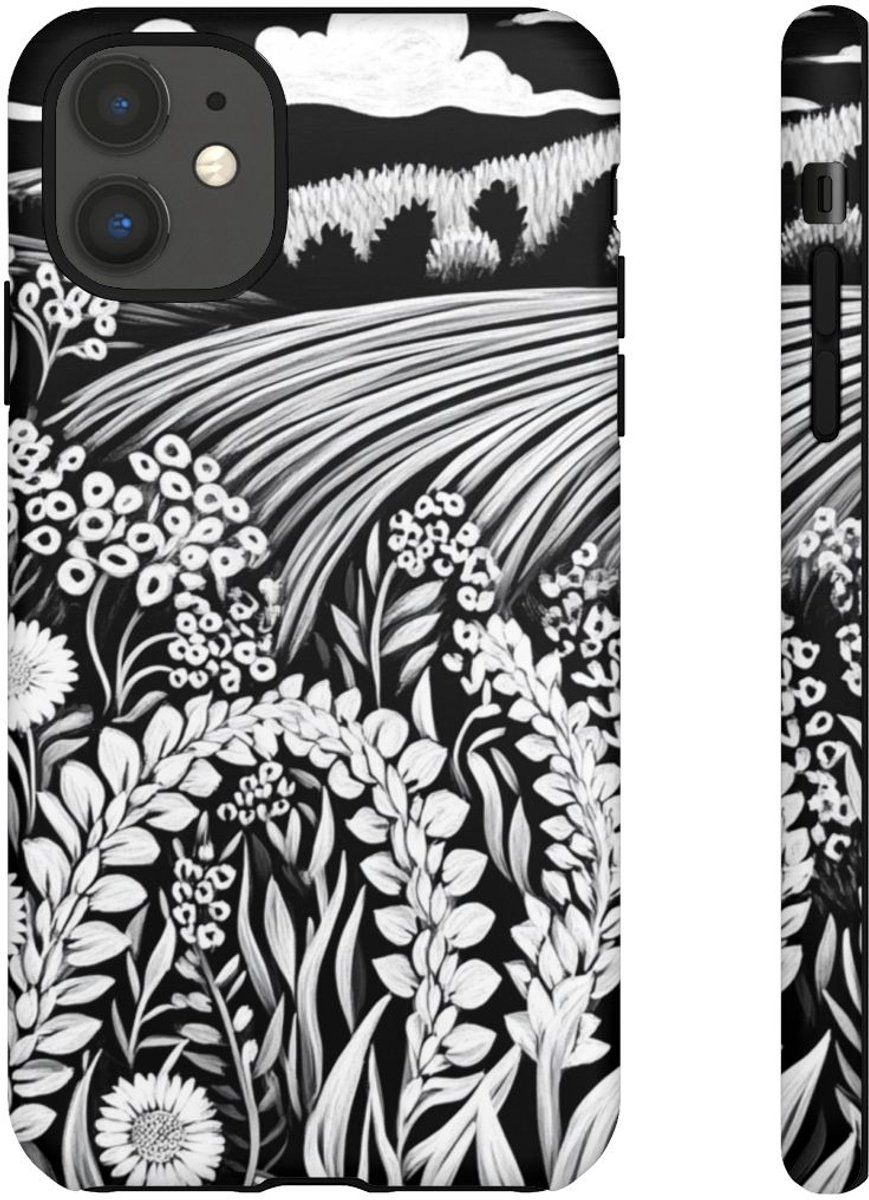 Zwart-Wit Volkskunst Bloemenlandschap – Telefoonhoesje Geschikt voor iPhone 11