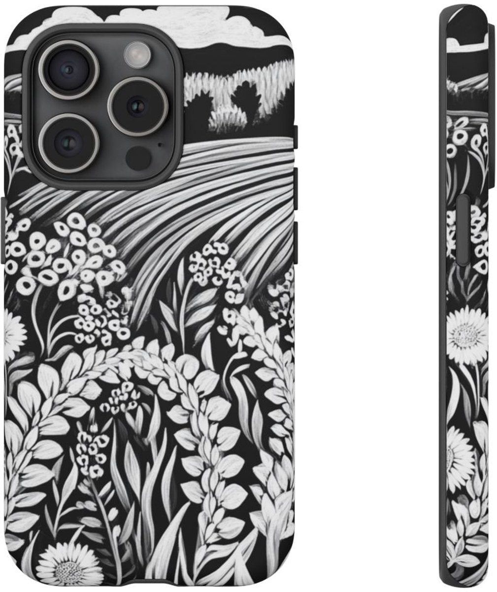 Zwart-Wit Folklore Bloemenlandschap – Telefoonhoesje Geschikt voor iPhone 15 Pro