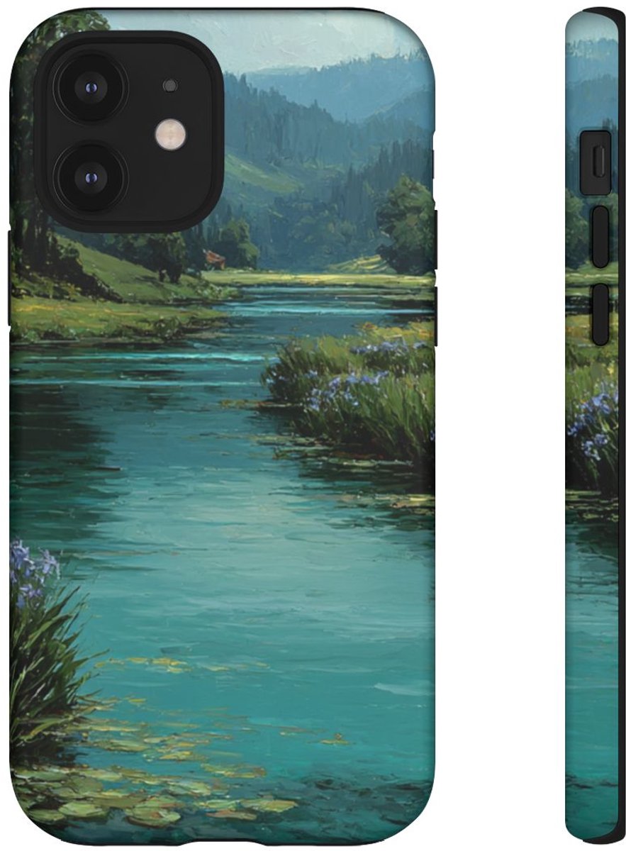 Blauwe Irissen en Rivierlandschap – Telefoonhoesje Geschikt voor iPhone 12