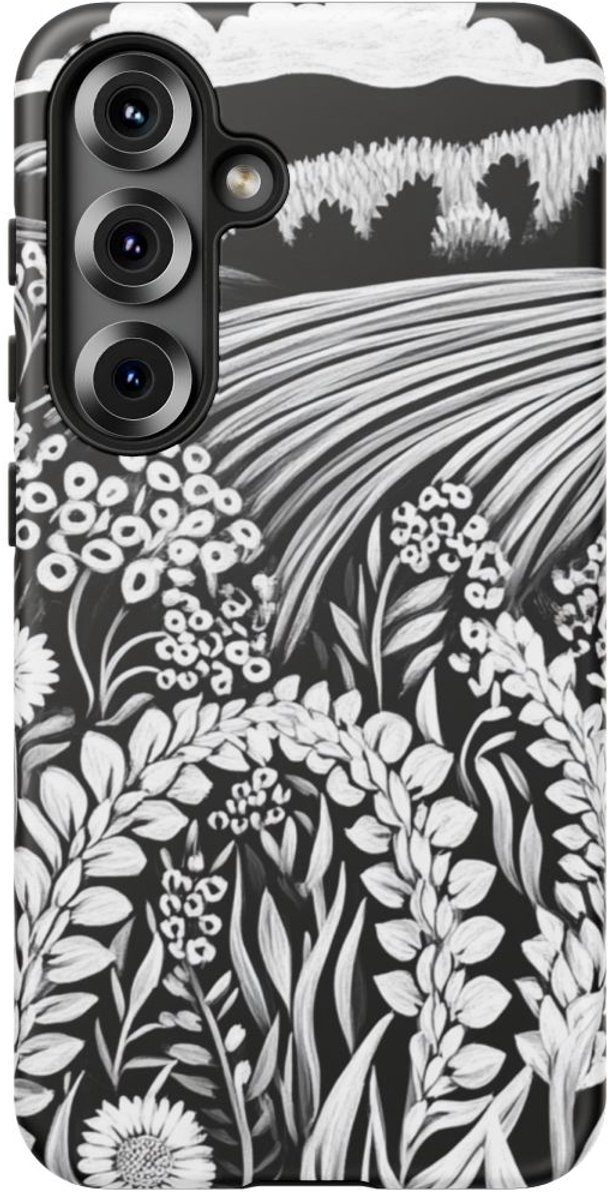 Zwart-Wit Folklore Bloemen en Landschap – Telefoonhoesje Geschikt voor Galaxy S25