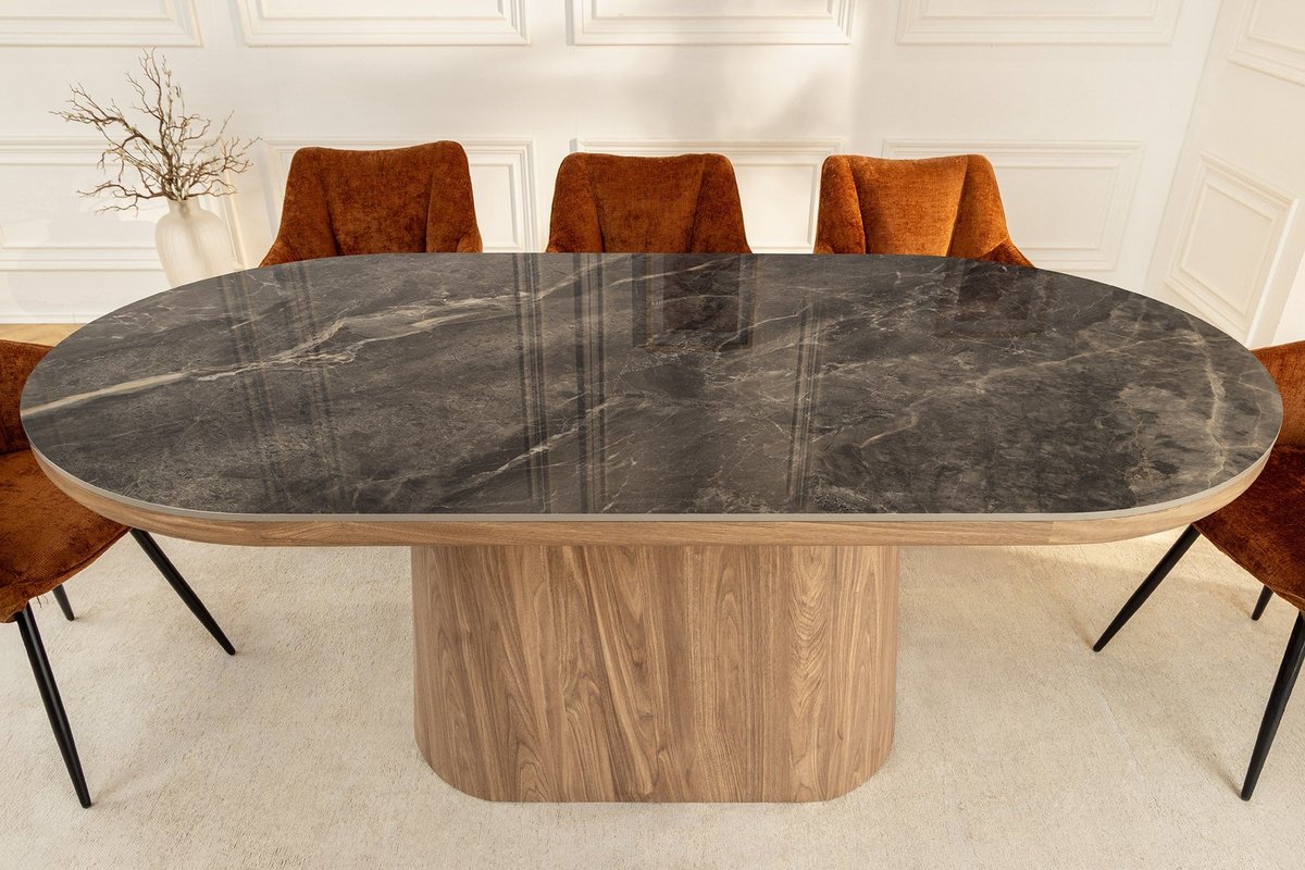 Invicta Interior Ovale eettafel UNIQUE 200cm Grijsbruin Keramiek Walnoot Kolomvoet - 46380 Zie omschrijving