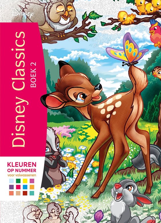 Disney Classics Boek 2 kleurboek voor volwassenen met Bambi, vlinder, uil, vogels en konijn.