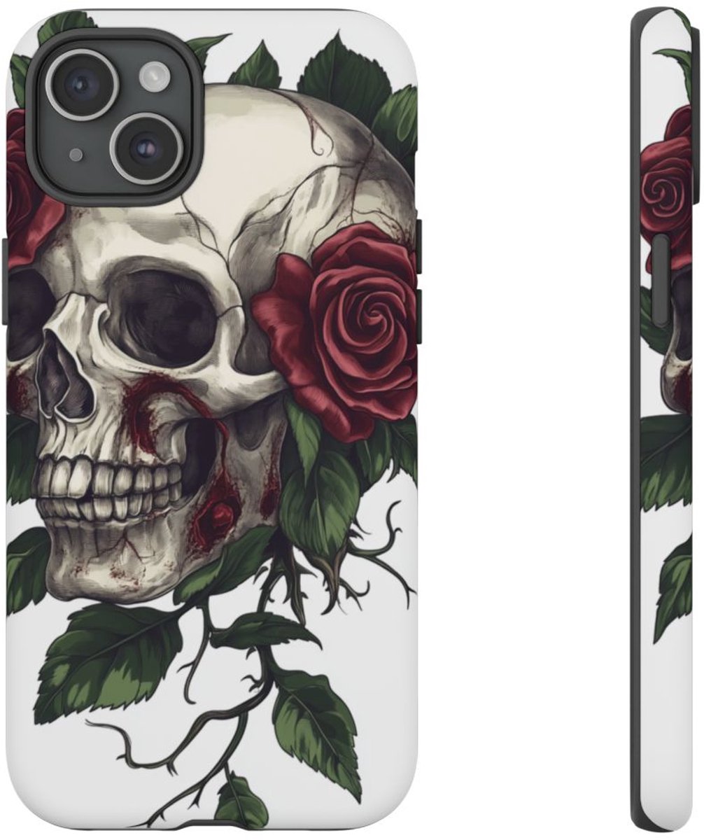 Schedel met Rode Rozen en Groene Bladeren – Telefoonhoesje Geschikt voor iPhone 15 Plus