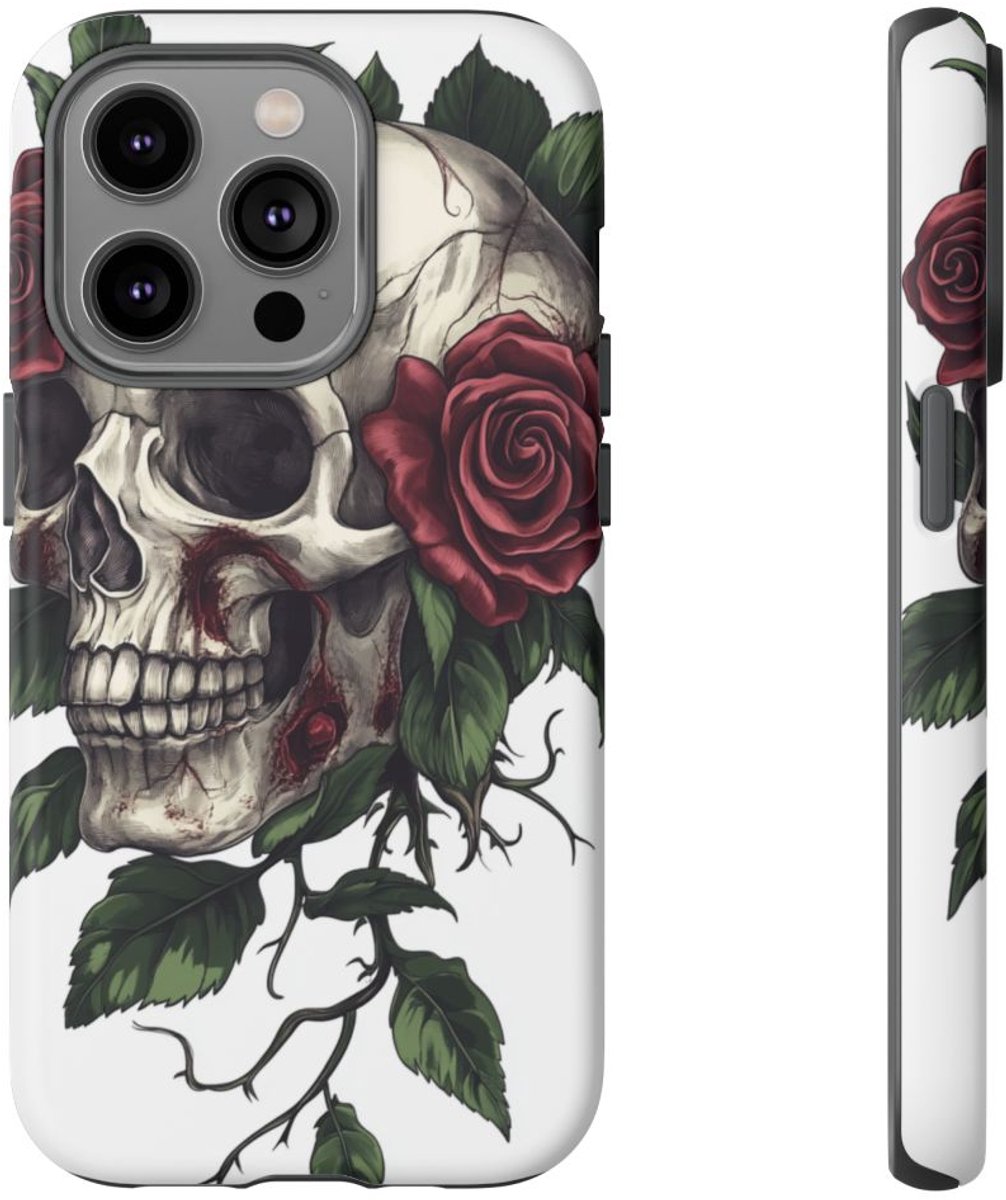 Schedel met Rode Rozen en Groene Bladeren – Telefoonhoesje Geschikt voor iPhone 14 Pro