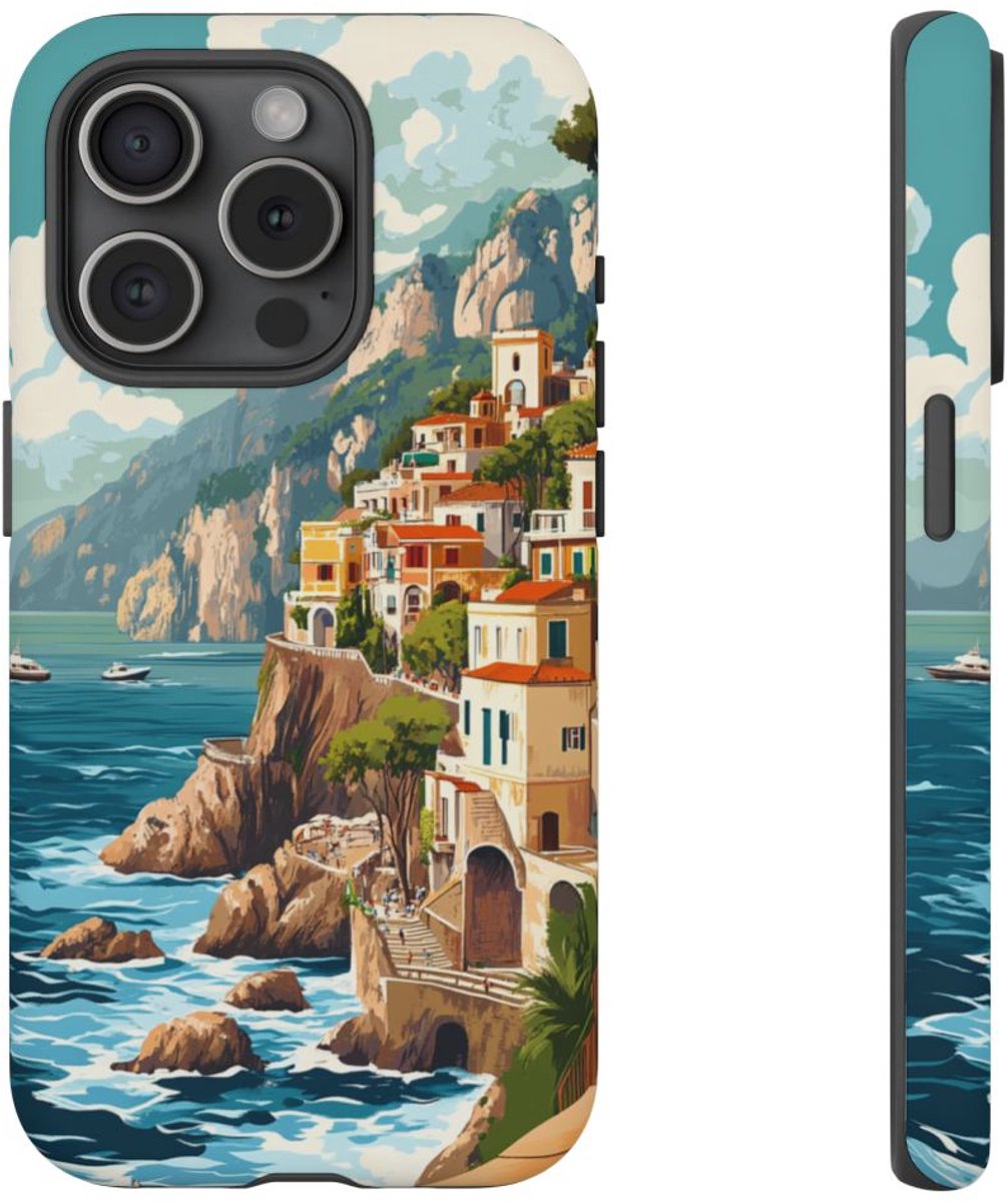 Retro Illustratie van de Amalfikust – Telefoonhoesje Geschikt voor iPhone 15 Pro