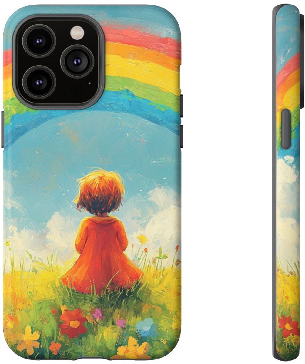 Kind Kijkt naar Regenboog – Telefoonhoesje Geschikt voor iPhone 14 Pro Max