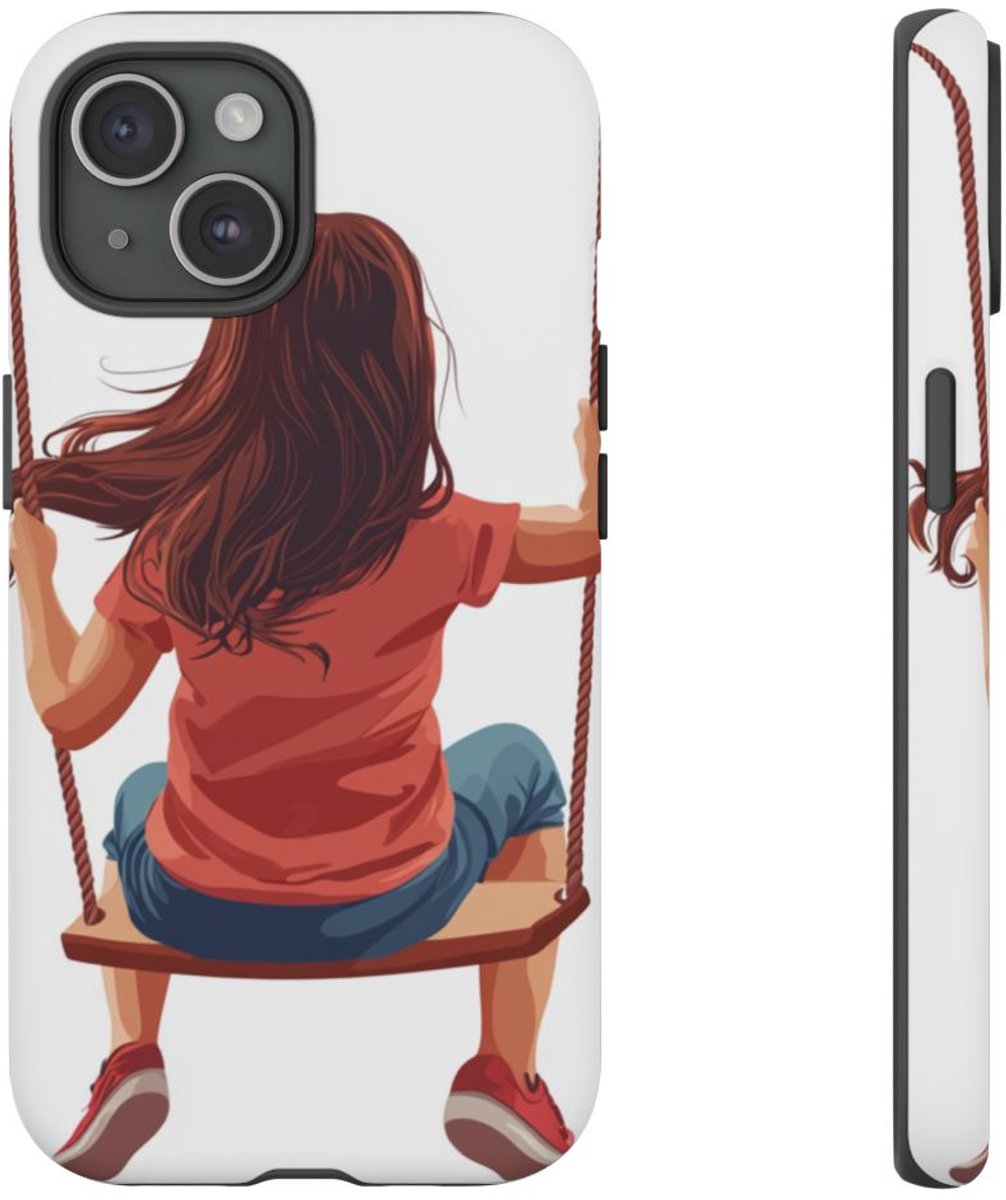 Meisje op Schommel Vectorillustratie – Telefoonhoesje Geschikt voor iPhone 15