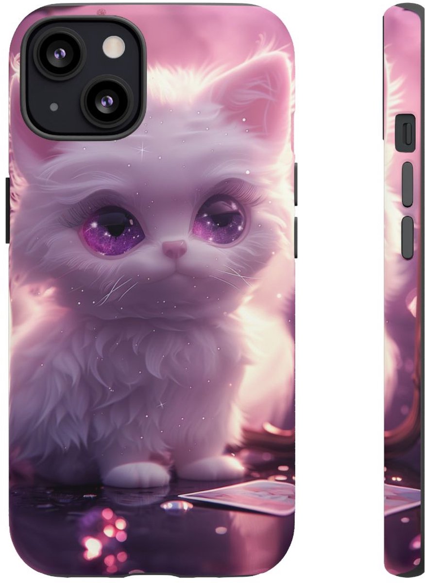 Witte Pluizige Kat met Paarse Ogen – Telefoonhoesje Geschikt voor iPhone 13