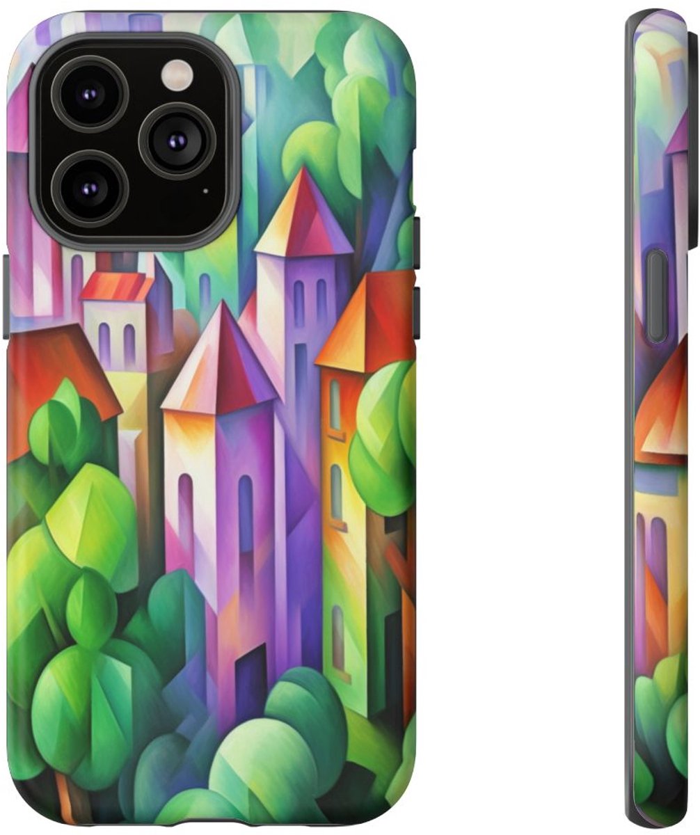 Kleurrijk Abstract Dorp met Landschap – Telefoonhoesje Geschikt voor iPhone 14 Pro Max