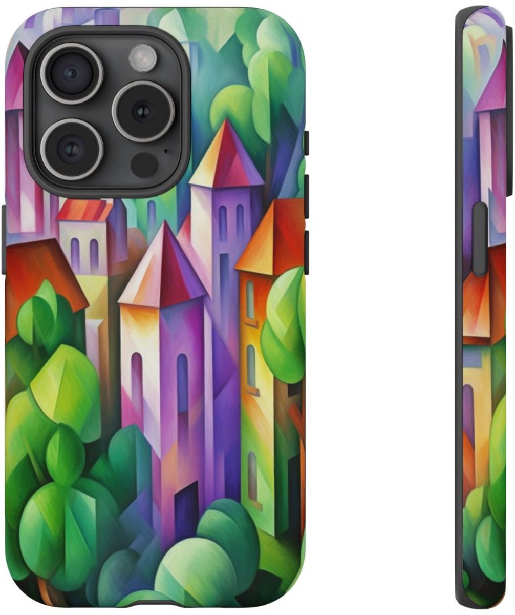 Kleurrijk Abstract Dorp Landschap – Telefoonhoesje Geschikt voor iPhone 15 Pro