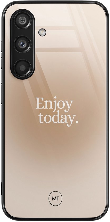 Coque arrière noire pour Samsung S24 avec dégradé beige et le texte 'Enjoy today.'