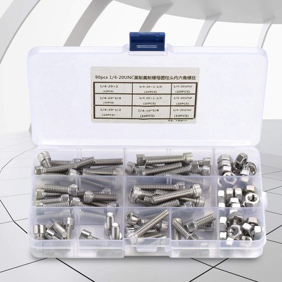 Cap Screws - 90Pcs - 1/4-20 UNC - 304 Stainless Steel - Hex Socket Bolts - Machine Tools - Accessories - Plastic Box van Merkloos	 — afbeelding 2
