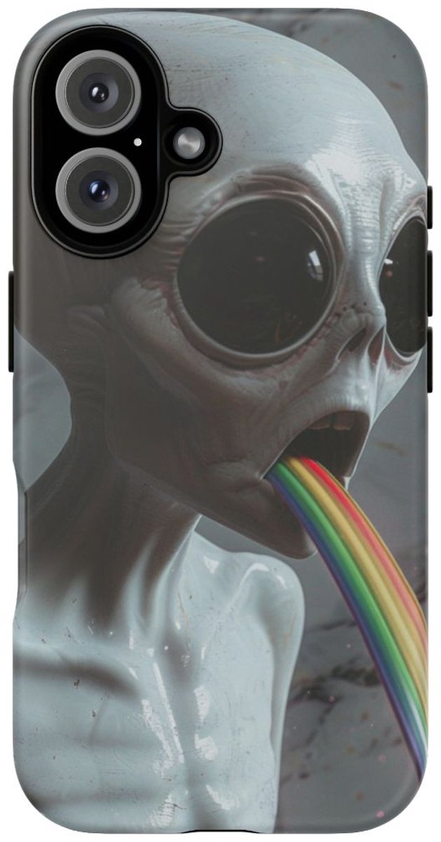 Grijze Alien met Regenboogstraal – Telefoonhoesje Geschikt voor iPhone 16