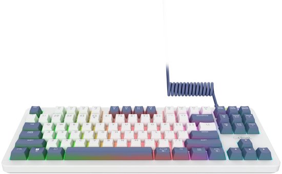Wit gaming toetsenbord met Nederlandse QWERTY-indeling, gekleurde toetsen en spiraalkabel, recht van voren.