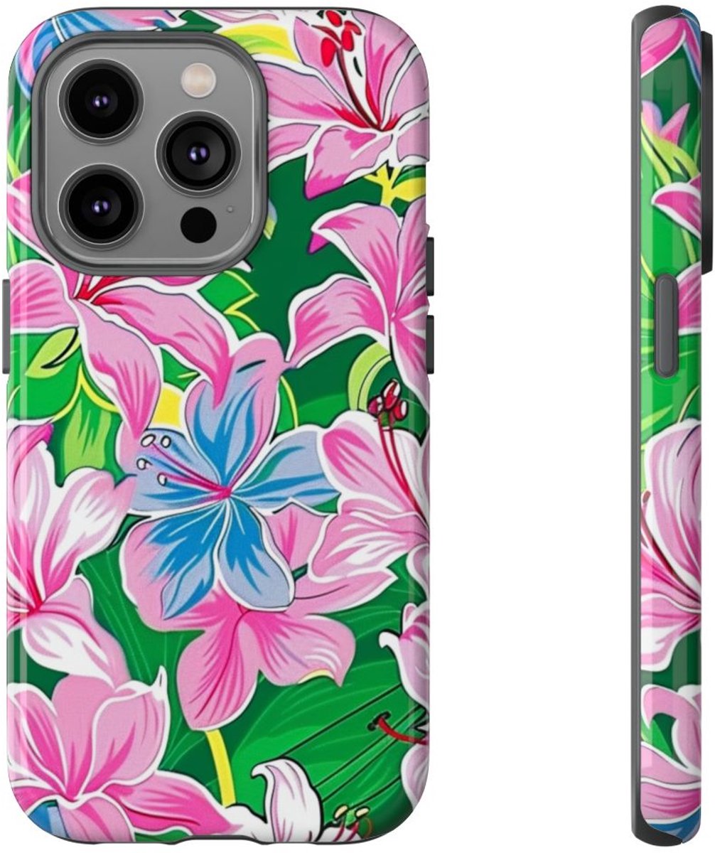 Roze en Blauwe Bloemenprint – Telefoonhoesje Geschikt voor iPhone 14 Pro