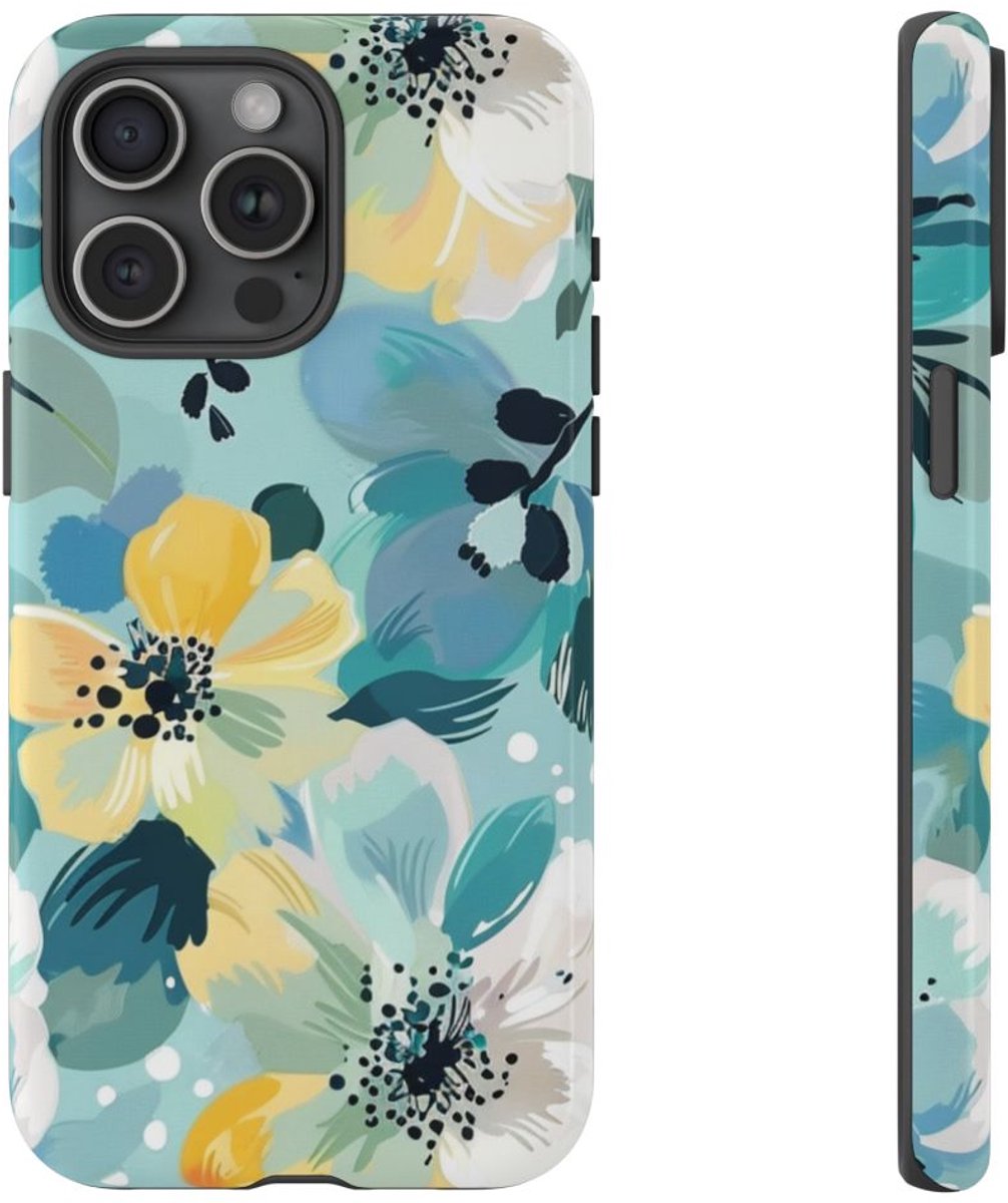 Turquoise Bloemenpatroon met Stippen – Telefoonhoesje Geschikt voor iPhone 15 Pro Max