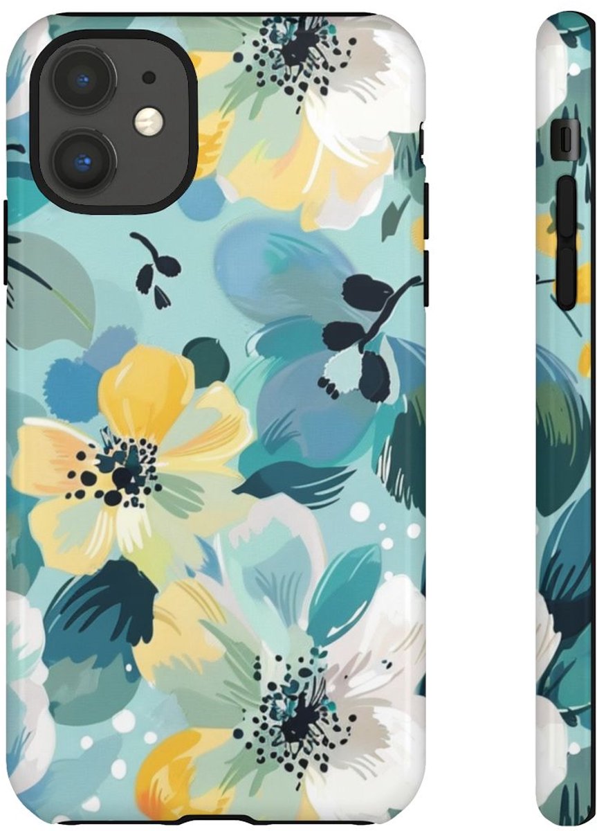Turquoise Bloemenpatroon met Stippen – Telefoonhoesje Geschikt voor iPhone 11