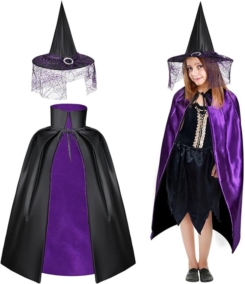 Halloween-halloween kostuum-halloween kostuum kind-Heksenkostuum voor kinderen - Halloween heksenkostuum met kap en cape - paarse omkeerbare cape met kap - Heks Halloween kinderkostuum voor gemaskerd bal rollenspel kostuum - 80x104cm