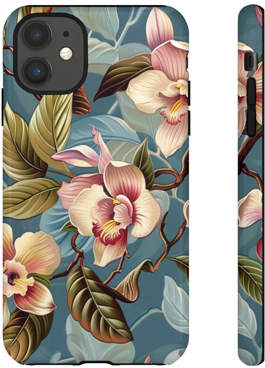 Orchideeën Bloemenpatroon op Blauwe Achtergrond – Telefoonhoesje Geschikt voor iPhone 11