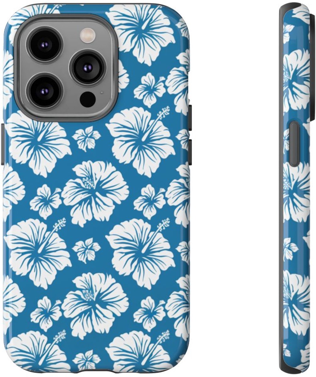 Wit Hawaïaans Bloemenpatroon op Blauw – Telefoonhoesje Geschikt voor iPhone 14 Pro