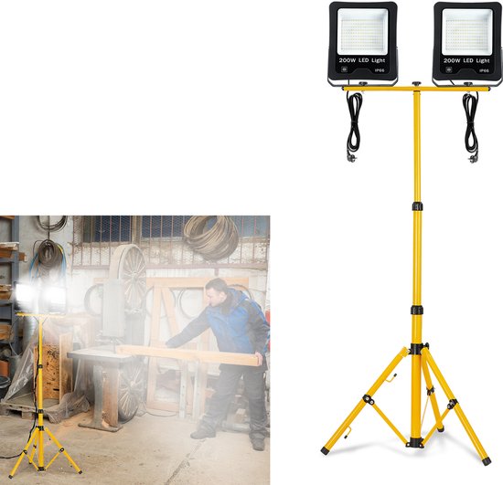 Projecteur de chantier LED 2 x 200 W, projecteur LED blanc froid avec trépied, projecteur d'extérieur, projecteur de travail étanche IP66 en aluminium, adapté aux ateliers, chantiers de construction, garages