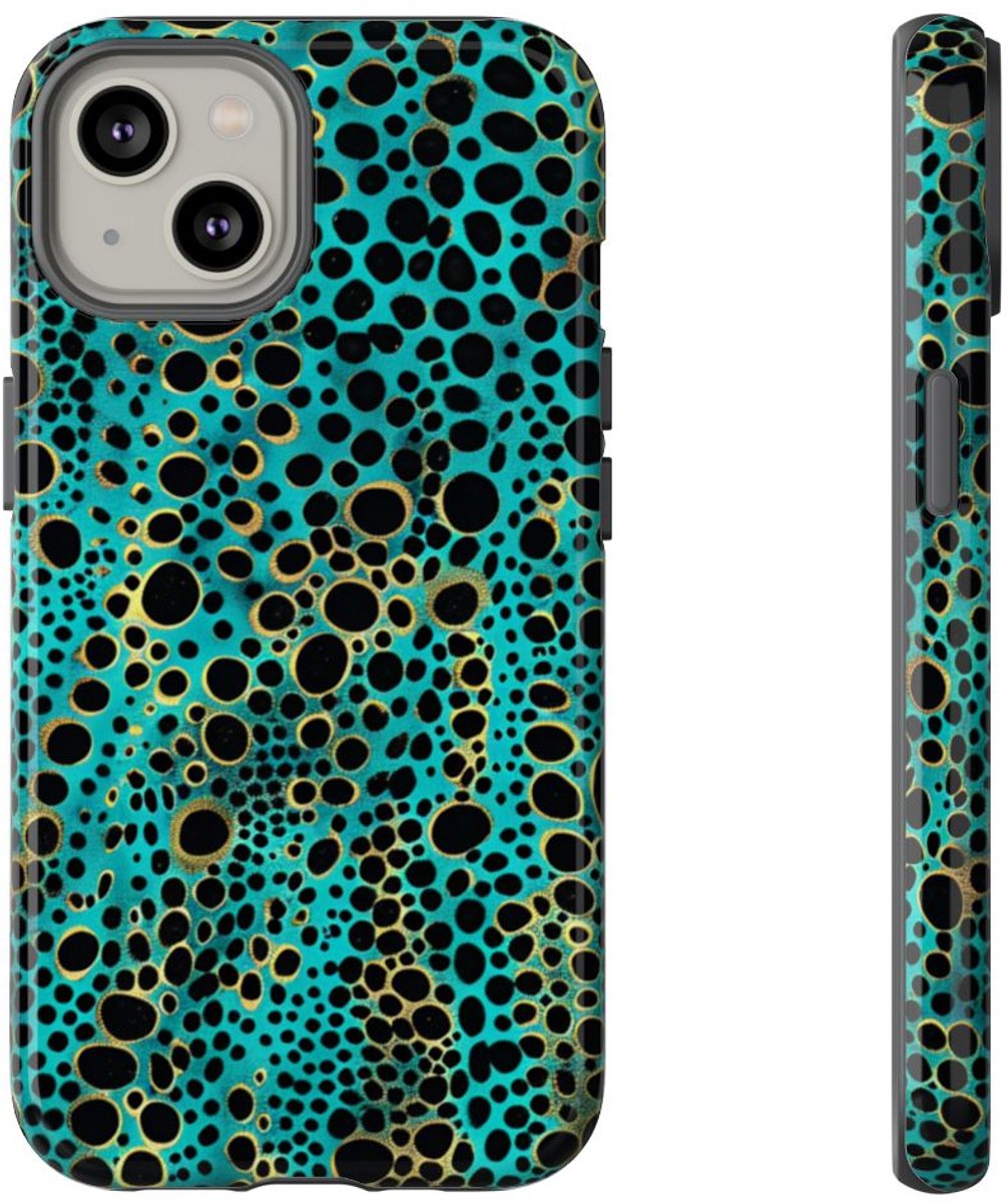 Turquoise en Zwart Abstract Stippenpatroon – Telefoonhoesje Geschikt voor iPhone 14